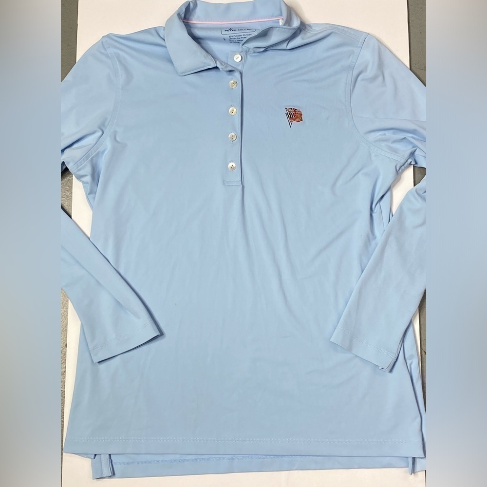 Peter Millar Long Sleeve Polo UPF 50 + Blue Flag Logo Womens Size Large L